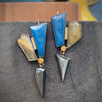 Geometric Earrings with Lazulite, Golden Rutilated and Chatoyant Grey Quartzes